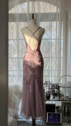 Stunning Pink Backless Beaded Chiffon Long Prom Dress