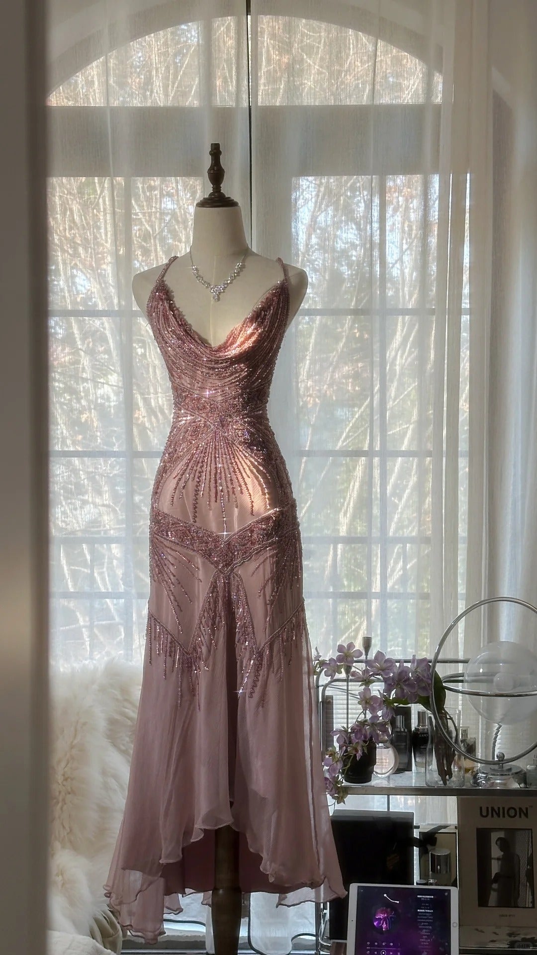 Stunning Pink Backless Beaded Chiffon Long Prom Dress