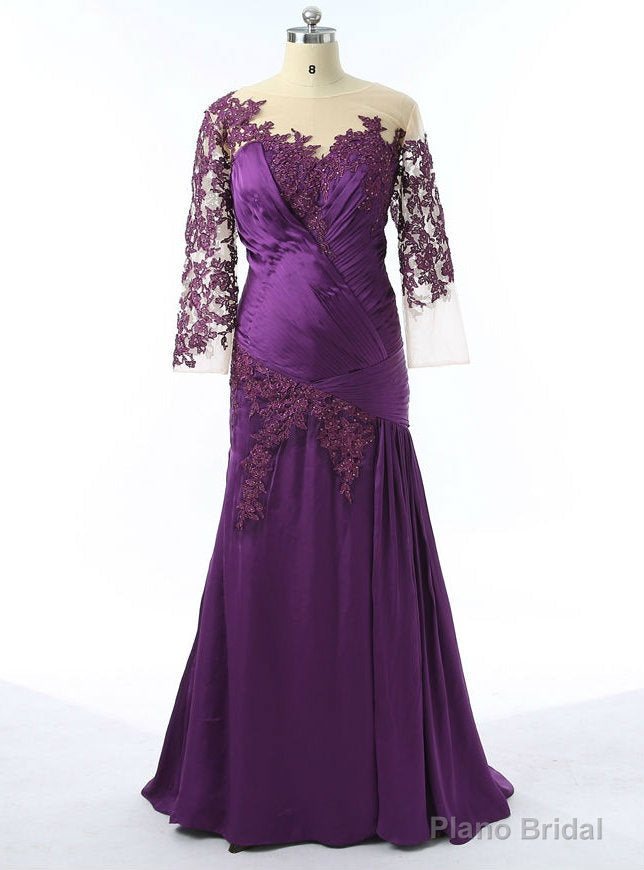 Stunning Purple Mother Of The Bride Dresses Mermaid 3/4 Sleeves Tafffeta Beaded