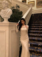 Stunning Sheath Halter Long Sleeves White Date Night Dresses Ruffles Formal Prom Dresses Birthday Outfit