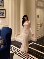 Stunning Sheath Halter Long Sleeves White Date Night Dresses Ruffles Formal Prom Dresses Birthday Outfit