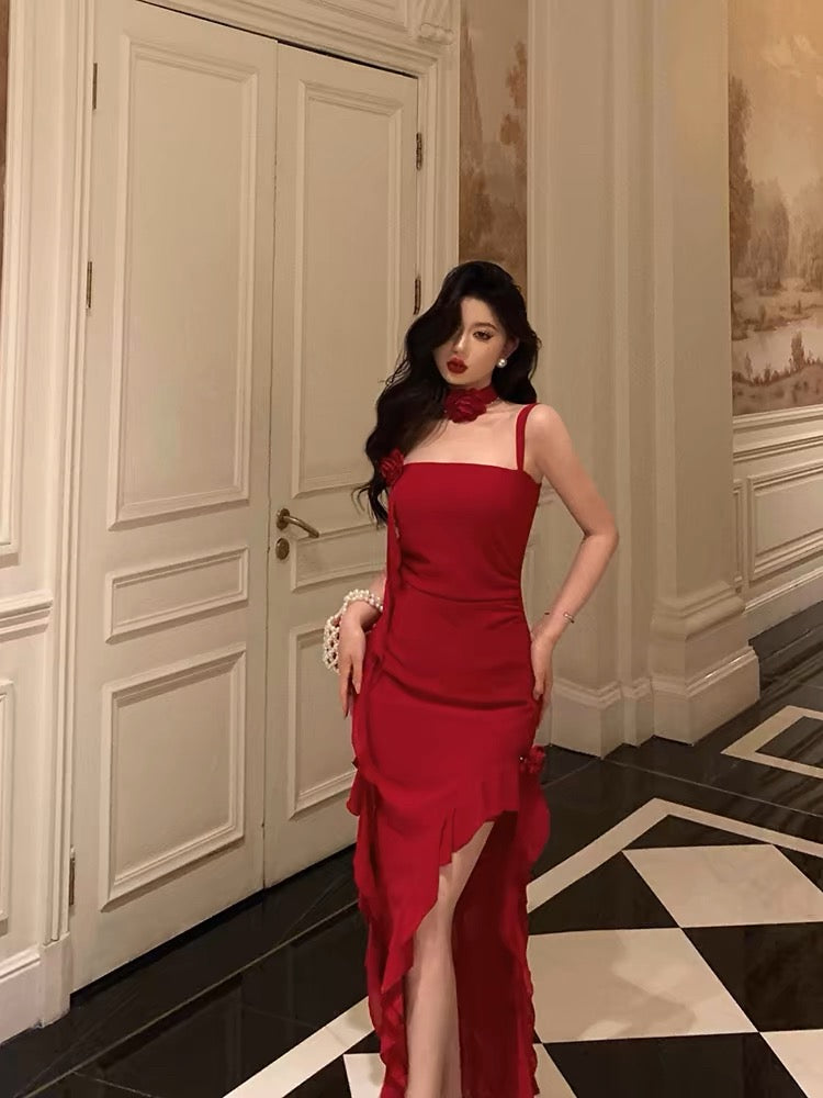 Stunning Sheath Spaghetti Straps Red Ruffles Date Night Dresses Formal Prom Dresses Birthday Outfit
