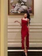 Stunning Sheath Spaghetti Straps Red Ruffles Date Night Dresses Formal Prom Dresses Birthday Outfit