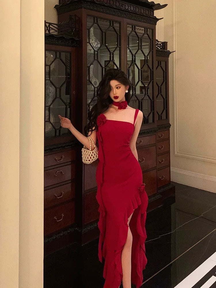 Stunning Sheath Spaghetti Straps Red Ruffles Date Night Dresses Formal Prom Dresses Birthday Outfit