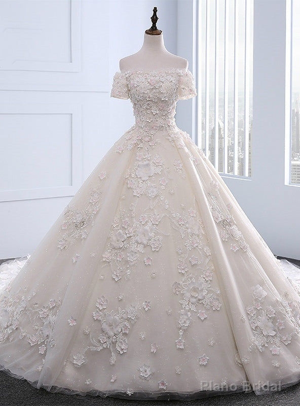 Stunning Unique Boat Neck Ball Gown Wedding Dresses Long Train With Flowers Beading Main image