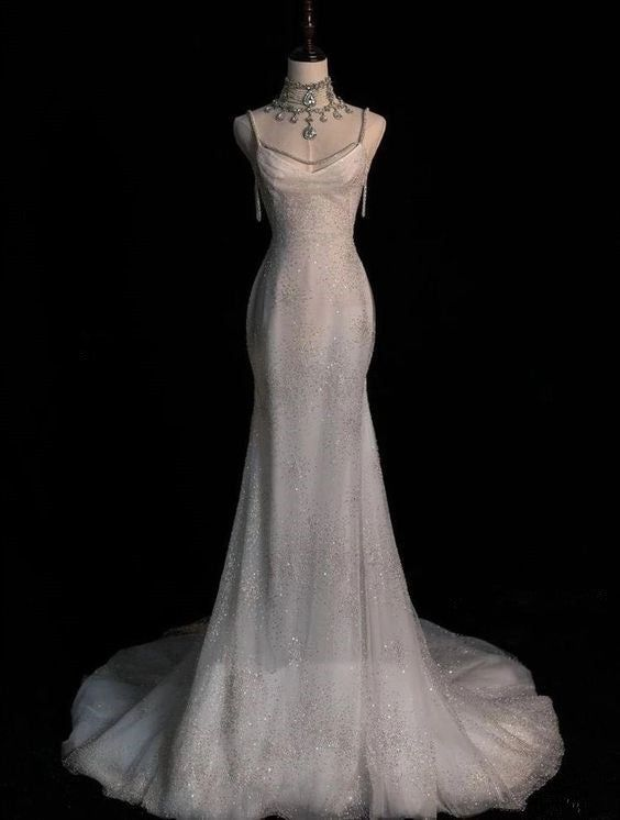 Stunning White Backless Mermaid Shiny Party Gown Wedding Dresses