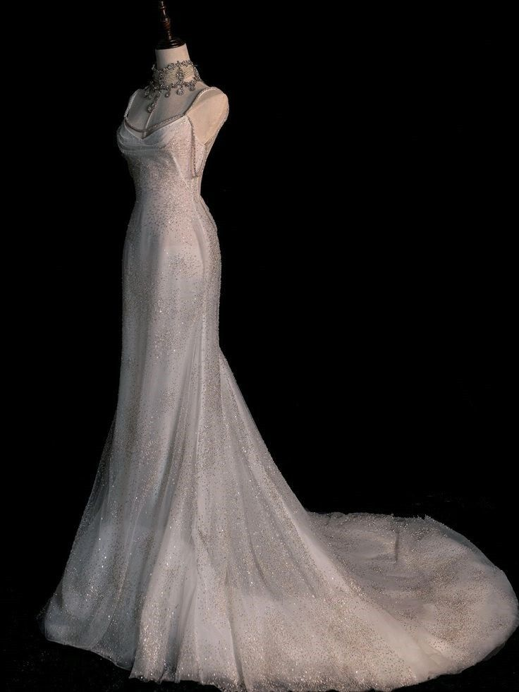 Stunning White Backless Mermaid Shiny Party Gown Wedding Dresses