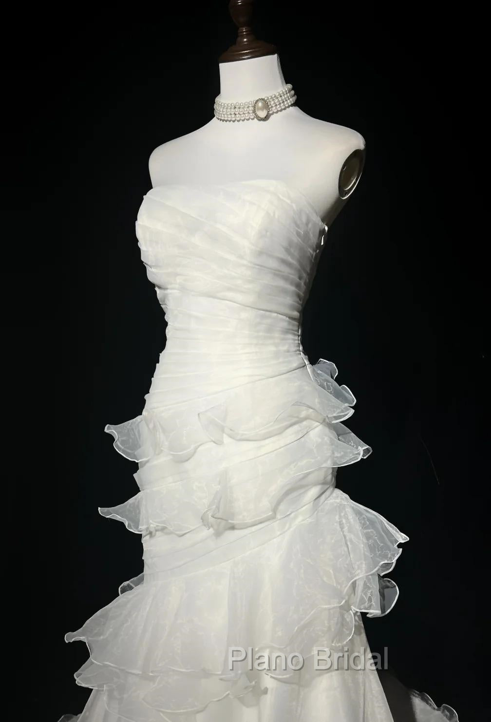 Stunning White Strapless Mermaid Organza Long Formal Prom Dresses Simple Wedding Dresses Secondary image