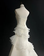 Stunning White Strapless Mermaid Organza Long Formal Prom Dresses Simple Wedding Dresses