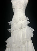 Stunning White Strapless Mermaid Organza Long Formal Prom Dresses Simple Wedding Dresses