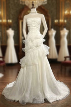 Stunning White Strapless Mermaid Organza Long Formal Prom Dresses Simple Wedding Dresses
