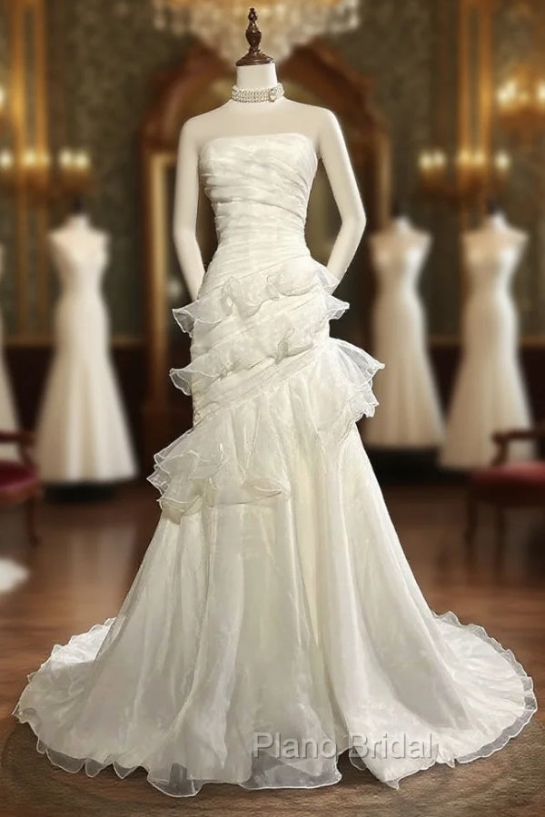 Stunning White Strapless Mermaid Organza Long Formal Prom Dresses Simple Wedding Dresses