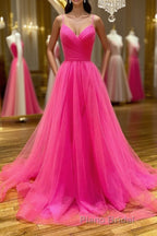 Stylish A Line V Neck Backless Hot Pink Long Formal Prom Dress, Backless Hot Pink Formal Graduation Evening Dress