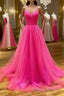 Stylish A Line V Neck Backless Hot Pink Long Formal Prom Dress, Backless Hot Pink Formal Graduation Evening Dress