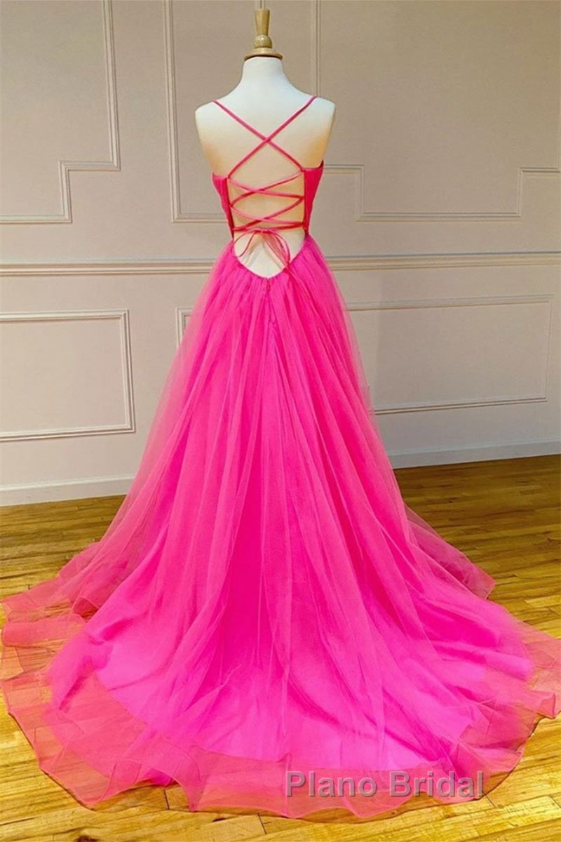 Stylish A Line V Neck Backless Hot Pink Long Formal Prom Dress, Backless Hot Pink Formal Graduation Evening Dress Secondary image
