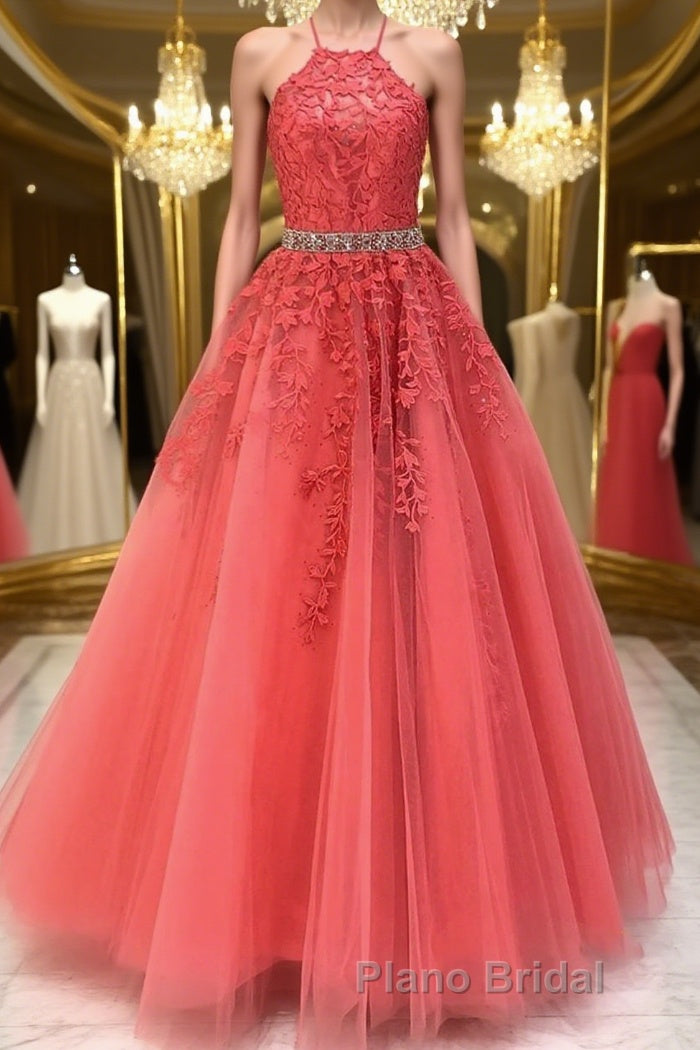 Stylish Backless Coral Lace Long Formal Prom Dress, Coral Lace Formal Graduation Evening Dress Main image
