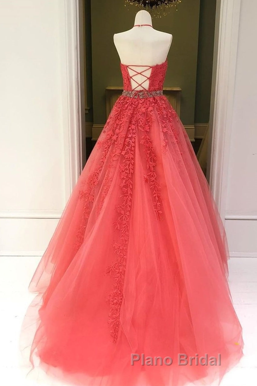 Stylish Backless Coral Lace Long Formal Prom Dress, Coral Lace Formal Graduation Evening Dress Secondary image