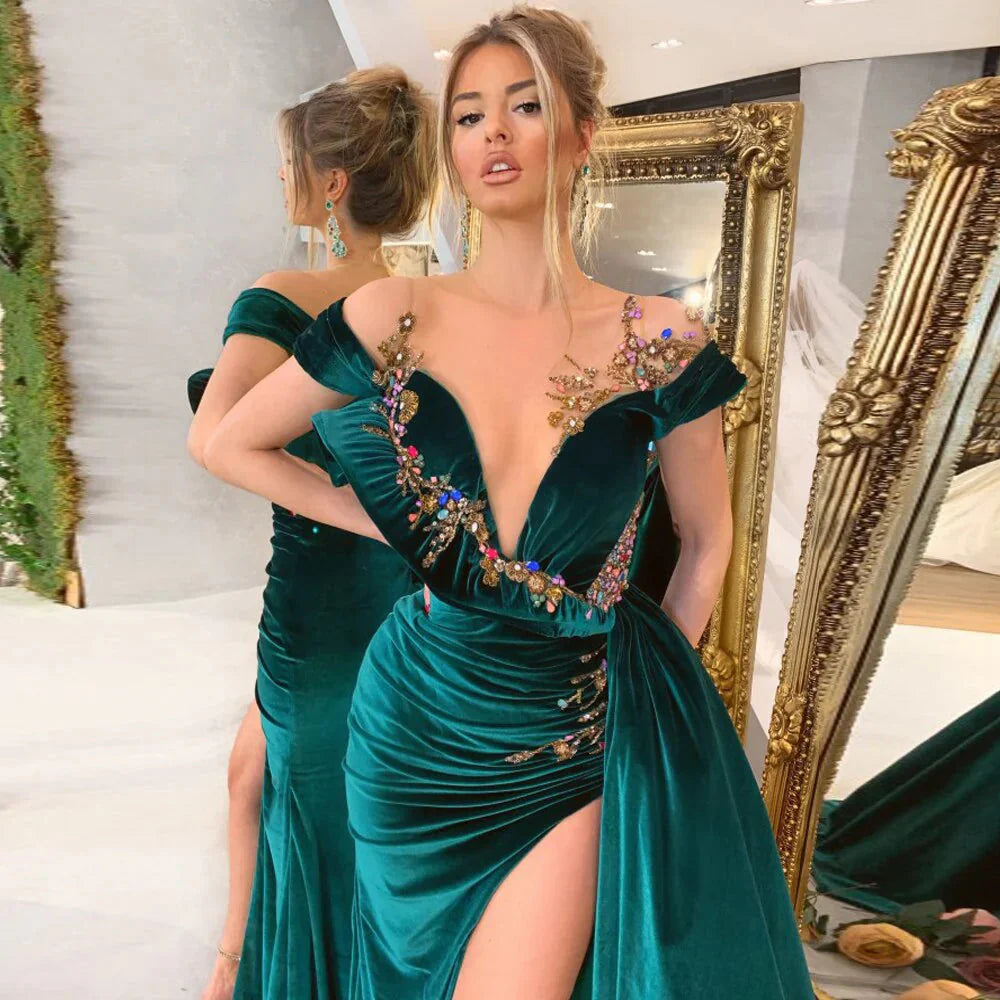 Green Luxury Gorgeous Fashion Beaded Decoration Deep V Neck Long Slit Floor Length Formal Evening Gown Ball Gown Secondary image