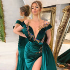 Green Luxury Gorgeous Fashion Beaded Decoration Deep V Neck Long Slit Floor Length Formal Evening Gown Ball Gown