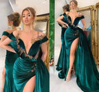 Green Luxury Gorgeous Fashion Beaded Decoration Deep V Neck Long Slit Floor Length Formal Evening Gown Ball Gown