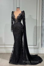 Stylish Black A-line Mermaid Evening Dresses Deep V-Neck Beadings Long Sleeves Formal Prom Dresses