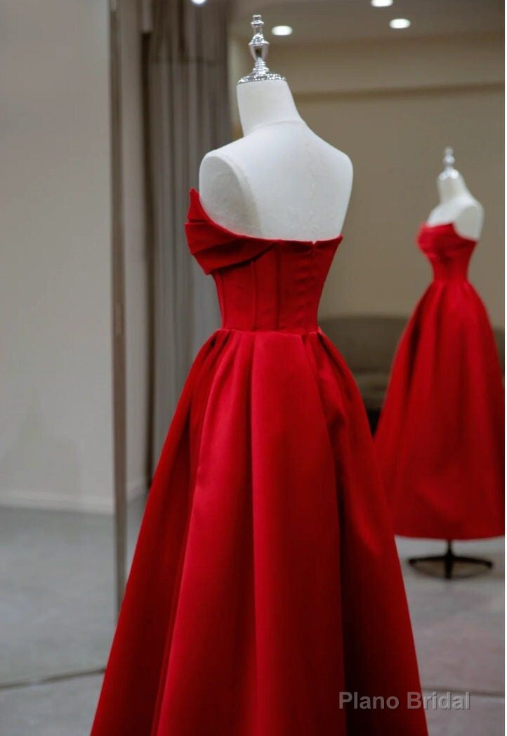 Stylish Red Satin Backless Pleated A Line Evening Gown Prom Dress