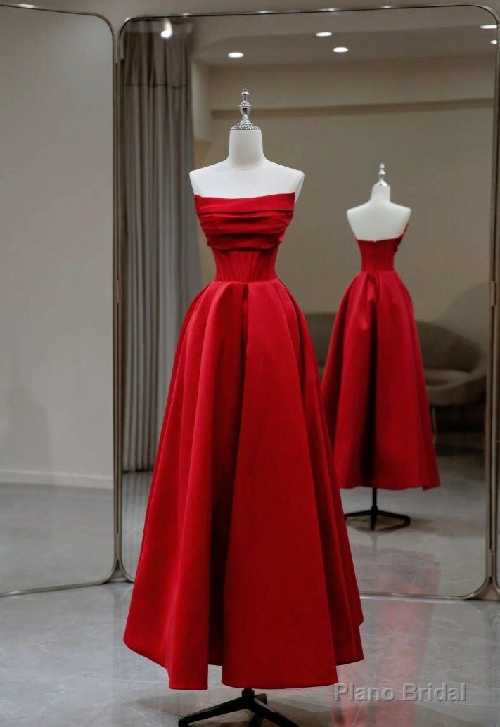 Stylish Red Satin Backless Pleated A Line Evening Gown Prom Dress Main image