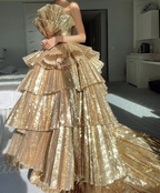Stylish Golden Tiered Ball Gown Long Formal Evening Party Dresses