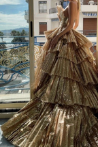Stylish Golden Tiered Ball Gown Long Formal Evening Party Dresses