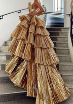 Stylish Golden Tiered Ball Gown Long Formal Evening Party Dresses