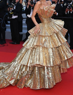 Stylish Golden Tiered Ball Gown Long Formal Evening Party Dresses