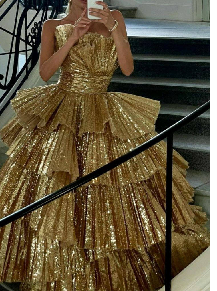 Stylish Golden Tiered Ball Gown Long Formal Evening Party Dresses