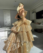 Stylish Golden Tiered Ball Gown Long Formal Evening Party Dresses