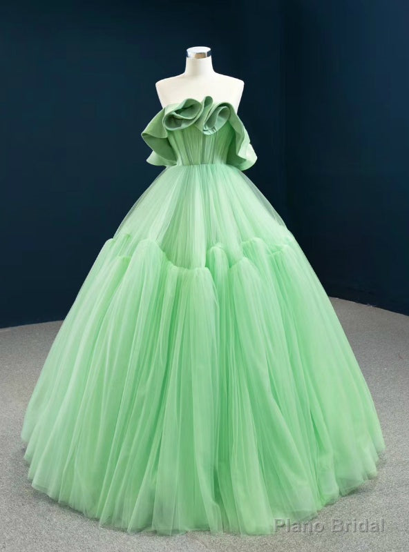 Stylish Green Ball Gown Tulle Strapless Pleats Long Prom Dress Main image