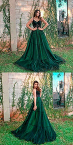 Stylish Green Tulle Long Formal Prom Dresses, Green Formal Evening Dresses