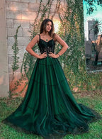 Stylish Green Tulle Long Formal Prom Dresses, Green Formal Evening Dresses