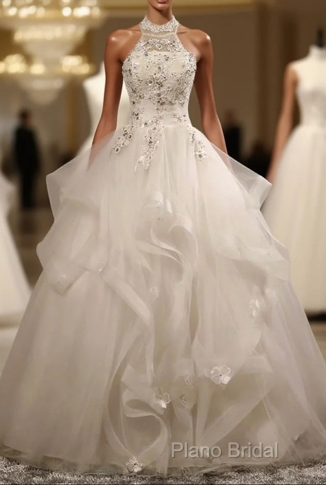 Stylish Halter Floor-Length Organza Wedding Dresses With Appliques Beading Main image