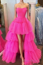 Stylish High Low Strapless Fuchsia Formal Prom Dresses with Ruffles