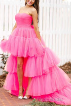Stylish High Low Strapless Fuchsia Formal Prom Dresses with Ruffles