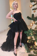 Stylish High Low Strapless Fuchsia Formal Prom Dresses with Ruffles