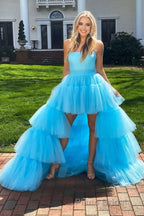 Stylish High Low Strapless Fuchsia Formal Prom Dresses with Ruffles