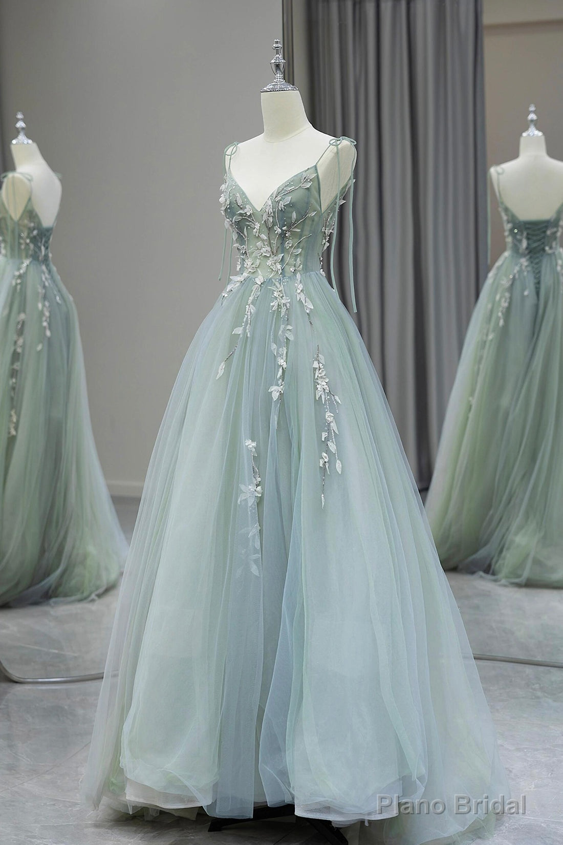 Stylish Spaghetti Strap Tulle Floor Length Formal Dress, Gray Green V-Neck Backless Party Dress Main image