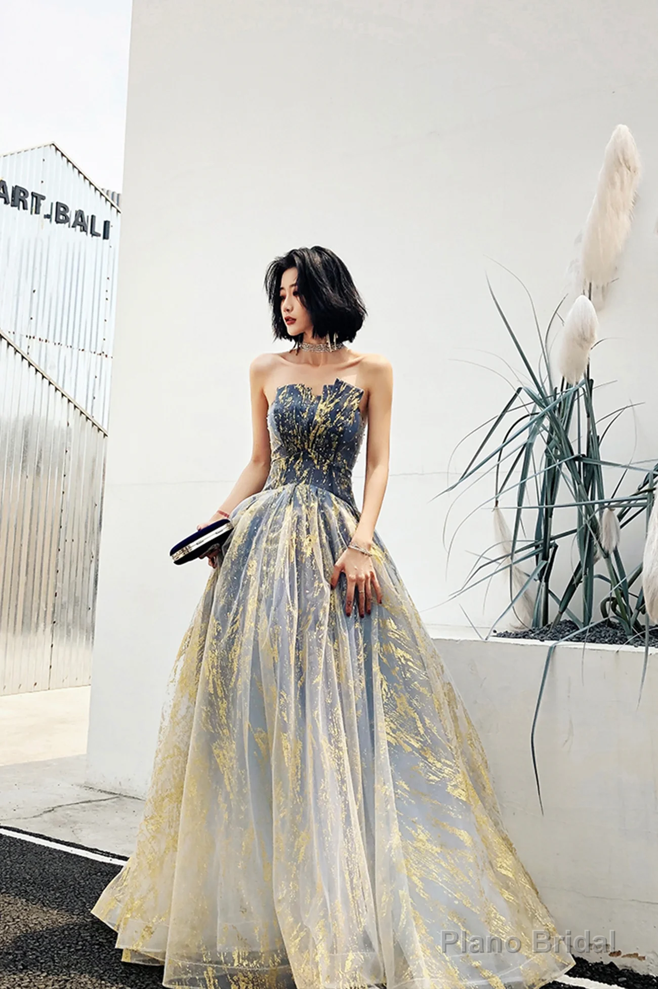 Stylish Tulle Sequins Long Prom Dress, A-Line Strapless Evening Party Dress Secondary image