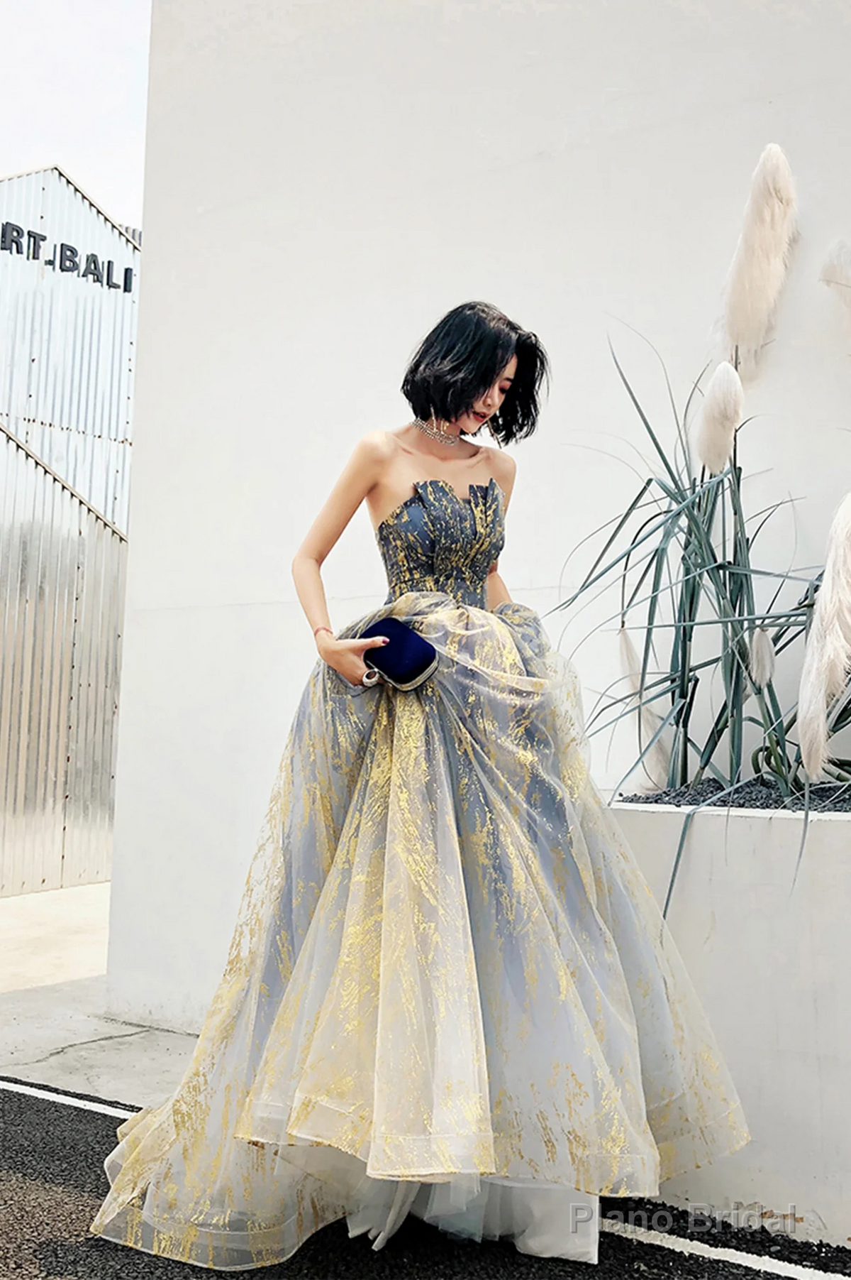 Stylish Tulle Sequins Long Prom Dress, A-Line Strapless Evening Party Dress Main image
