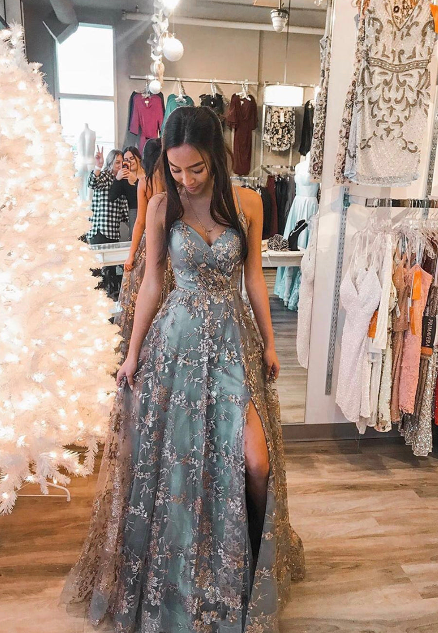 Stylish Tulle Sequins Long Formal Prom Dresses, A-Line Formal Graduation Dresses Main image
