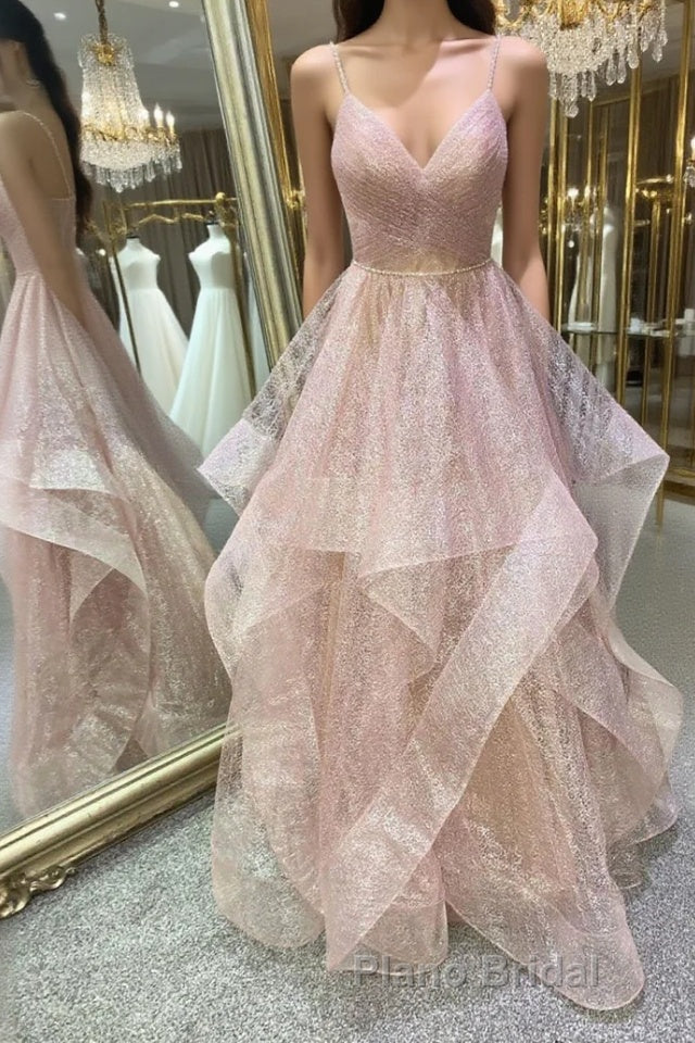 Stylish V Neck Backless Rose Gold Long Formal Prom Dress, Backless Rose Gold Formal Dress, Fluffy Rose Gold Evening Dress