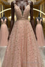 Stylish V Neck Pink Long Formal Prom Dress with Stars Sequins, Long Pink Formal Evening Dress