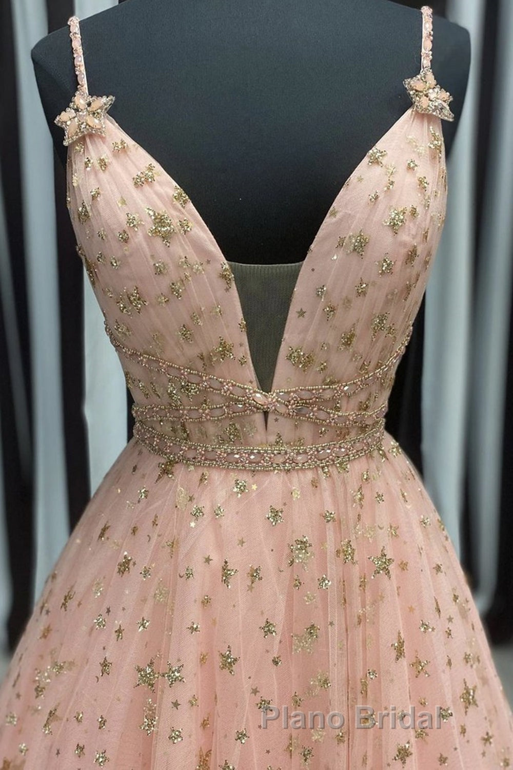 Stylish V Neck Pink Long Formal Prom Dress with Stars Sequins, Long Pink Formal Evening Dress Secondary image