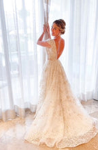 Stylish V Neck Tulle Applique Long Formal Prom Dresses