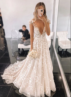Stylish V Neck Tulle Applique Long Formal Prom Dresses